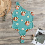 Cute Cow And Daisy Flower Pattern Print One Shoulder Bodysuit
