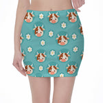 Cute Cow And Daisy Flower Pattern Print Pencil Mini Skirt