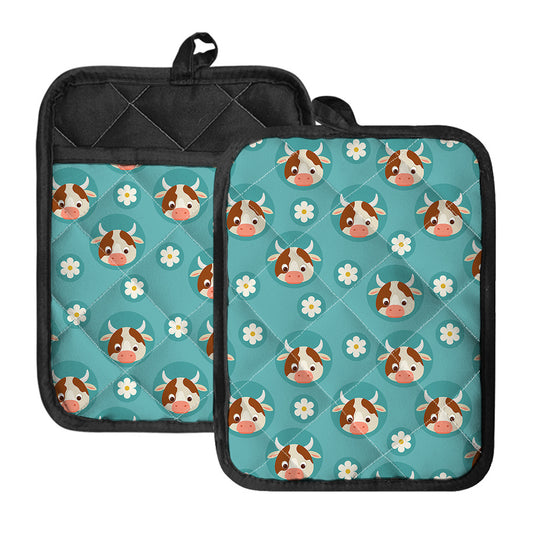Cute Cow And Daisy Flower Pattern Print Pot Holders With Pocket