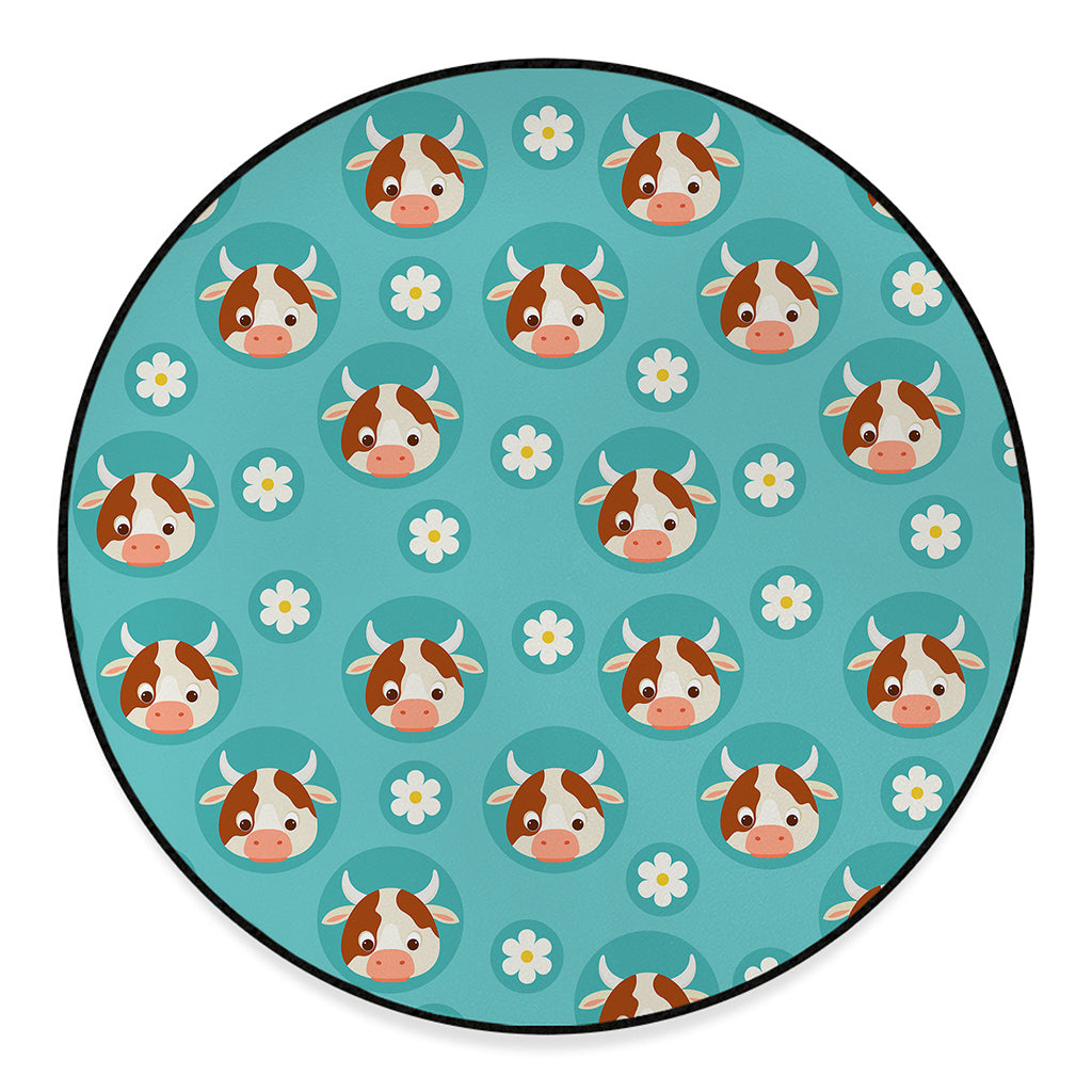Cute Cow And Daisy Flower Pattern Print Round Floor Mat