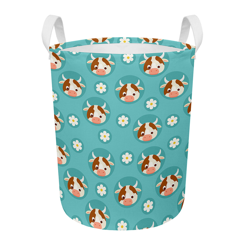 Cute Cow And Daisy Flower Pattern Print Round Laundry Basket