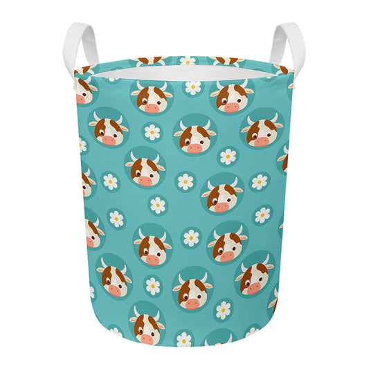 Cute Cow And Daisy Flower Pattern Print Round Laundry Basket