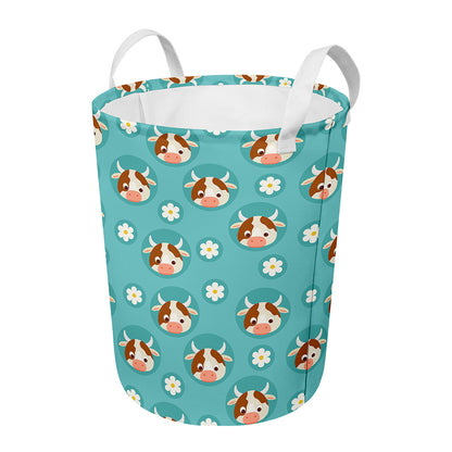 Cute Cow And Daisy Flower Pattern Print Round Laundry Basket