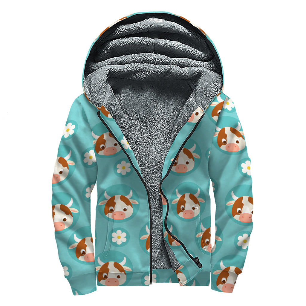 Cute Cow And Daisy Flower Pattern Print Sherpa Lined Zip Up Hoodie