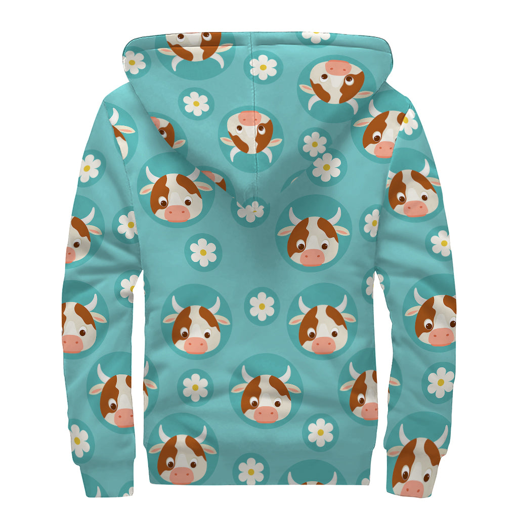 Cute Cow And Daisy Flower Pattern Print Sherpa Lined Zip Up Hoodie