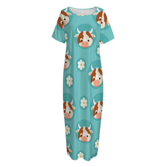 Cute Cow And Daisy Flower Pattern Print Short Sleeve Long Nightdress