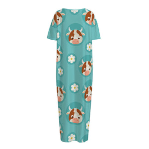 Cute Cow And Daisy Flower Pattern Print Short Sleeve Long Nightdress