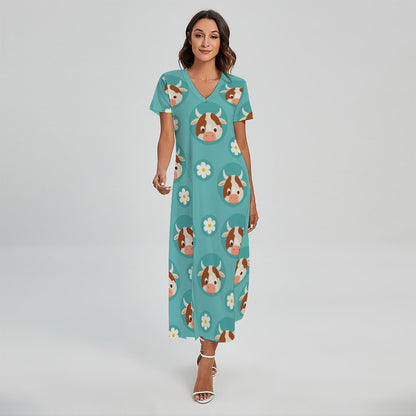 Cute Cow And Daisy Flower Pattern Print Short Sleeve Maxi Dress
