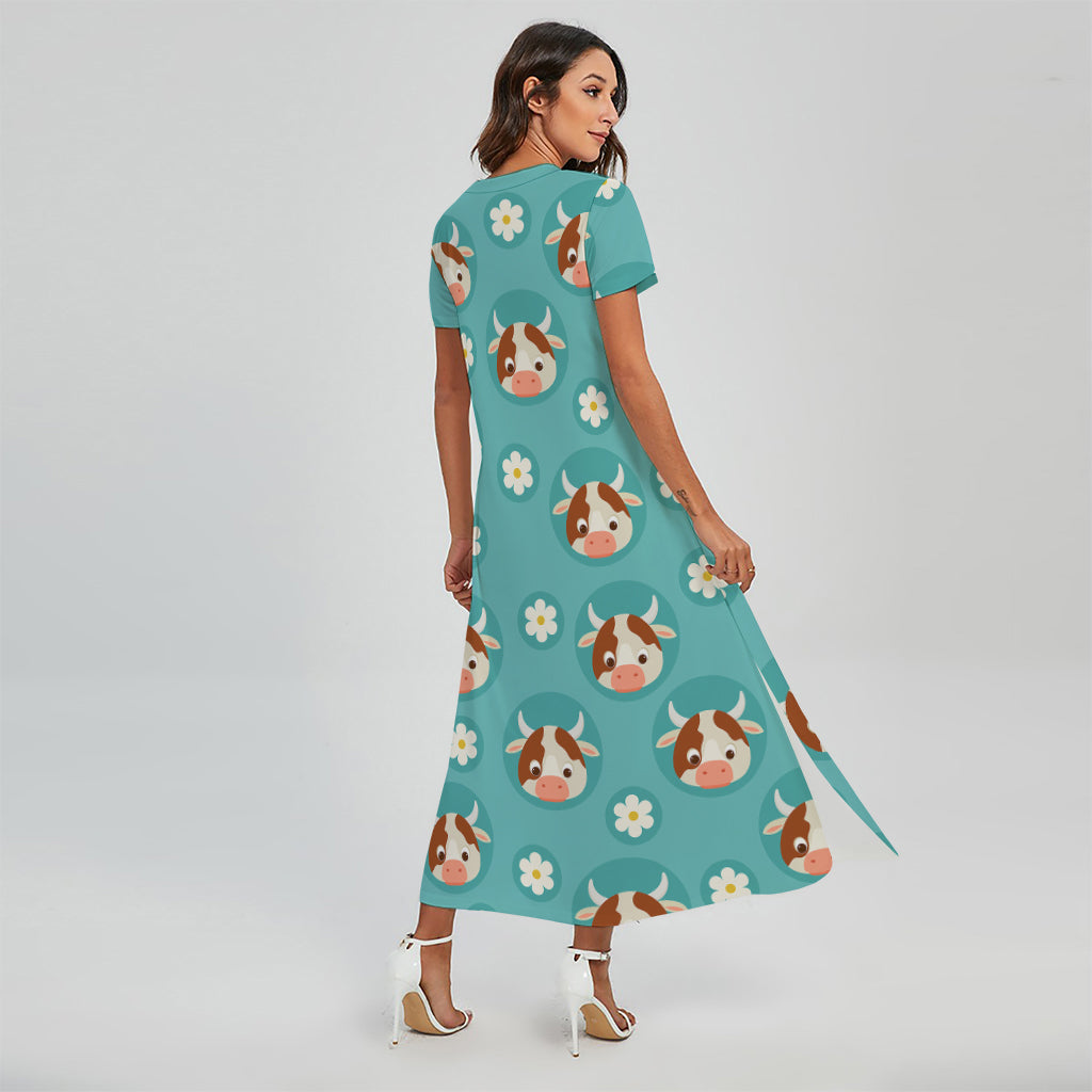 Cute Cow And Daisy Flower Pattern Print Short Sleeve Maxi Dress