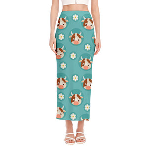 Cute Cow And Daisy Flower Pattern Print Side Slit Maxi Skirt