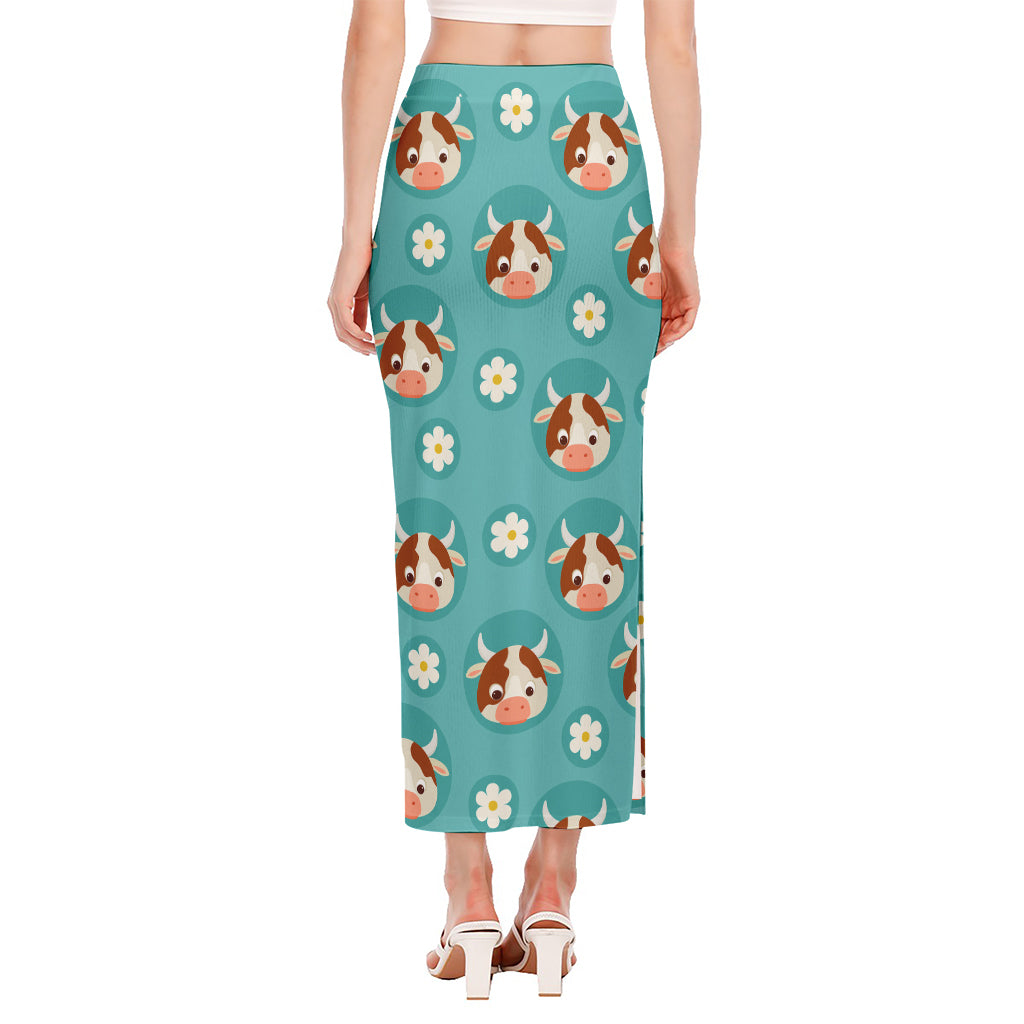 Cute Cow And Daisy Flower Pattern Print Side Slit Maxi Skirt