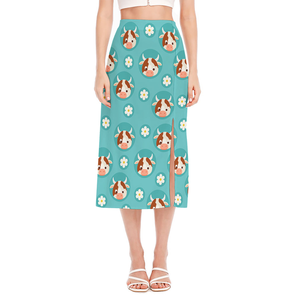 Cute Cow And Daisy Flower Pattern Print Side Slit Midi Skirt