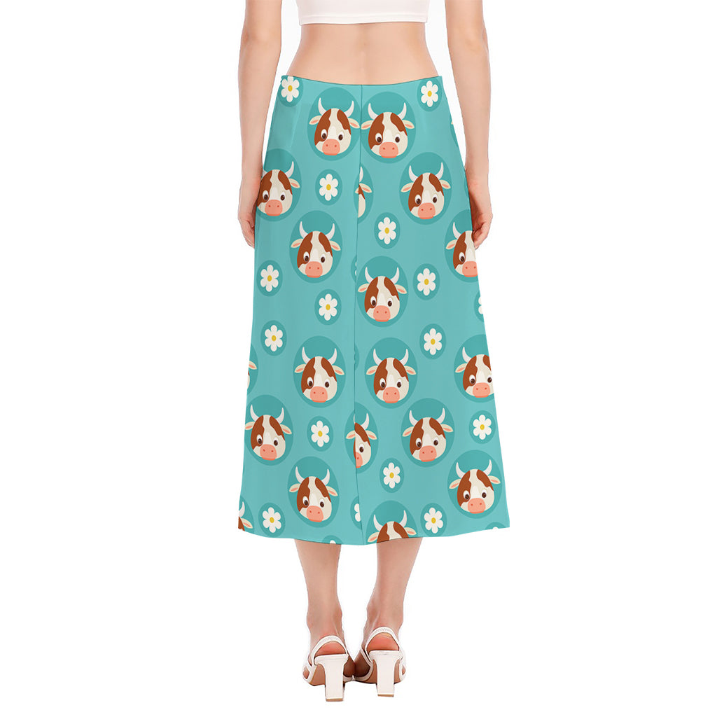 Cute Cow And Daisy Flower Pattern Print Side Slit Midi Skirt