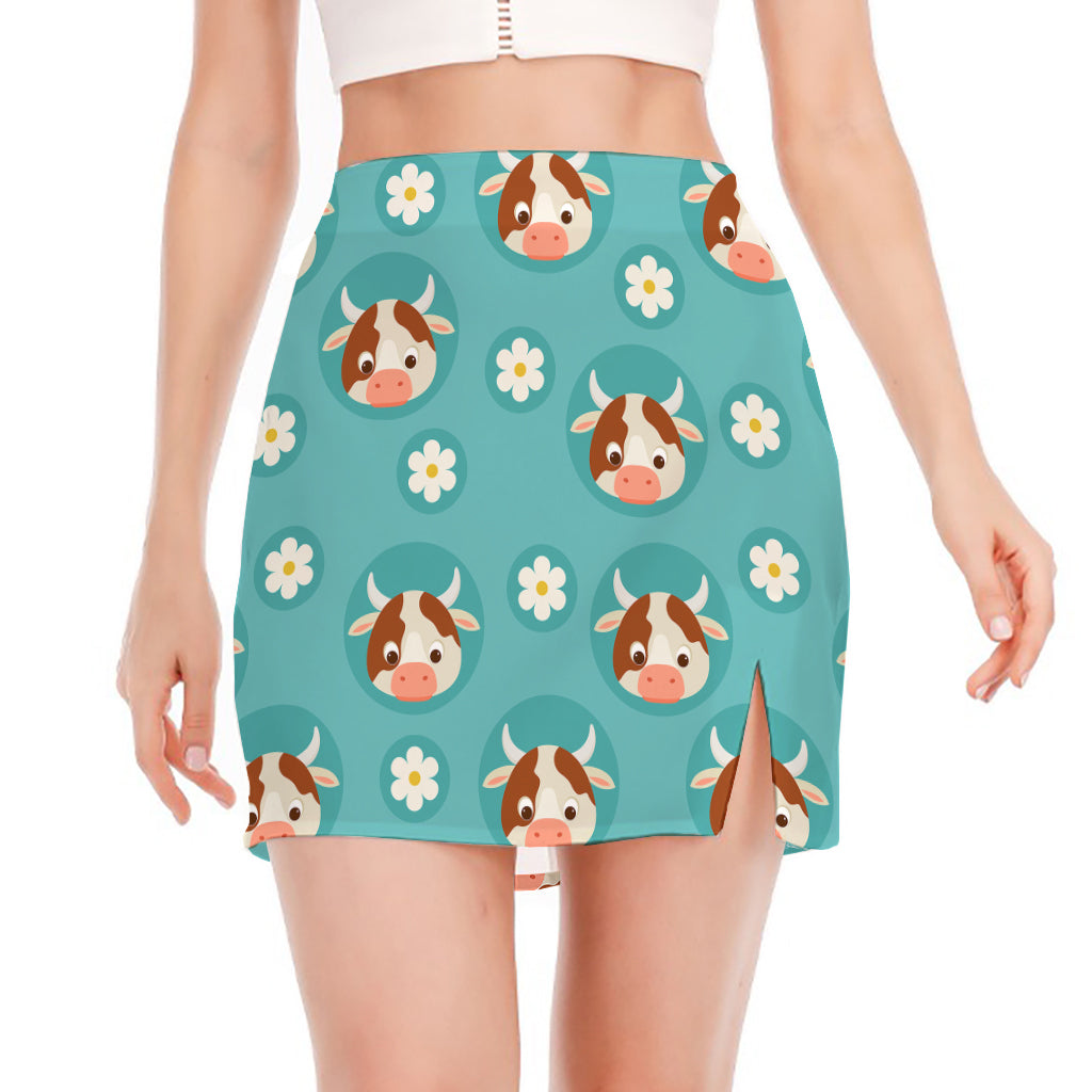 Cute Cow And Daisy Flower Pattern Print Side Slit Mini Skirt