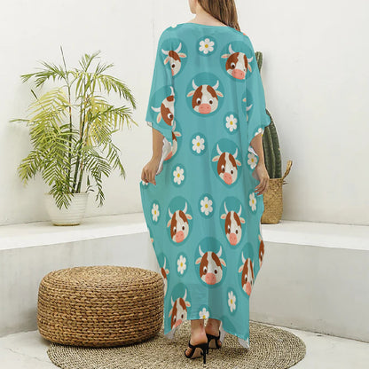 Cute Cow And Daisy Flower Pattern Print Silk V-Neck Kaftan Dress