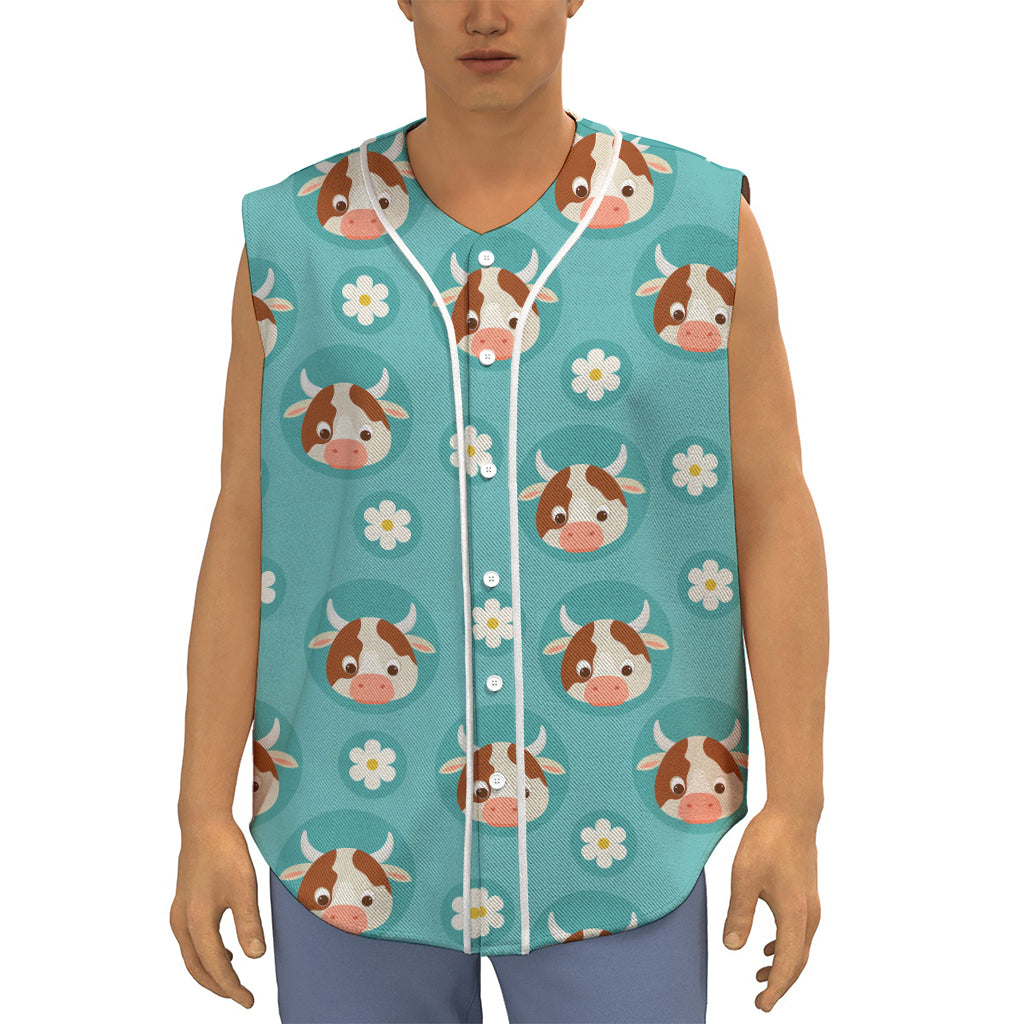 Cute Cow And Daisy Flower Pattern Print Sleeveless Baseball Jersey