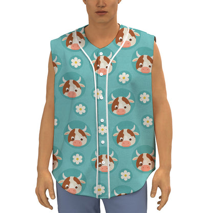 Cute Cow And Daisy Flower Pattern Print Sleeveless Baseball Jersey