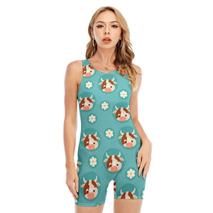 Cute Cow And Daisy Flower Pattern Print Sleeveless One Piece Swimsuit