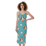 Cute Cow And Daisy Flower Pattern Print Slim Fit Midi Cami Dress