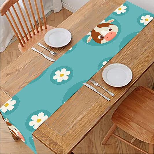 Cute Cow And Daisy Flower Pattern Print Table Runner