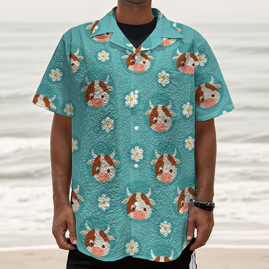 Cute Cow And Daisy Flower Pattern Print Textured Short Sleeve Shirt