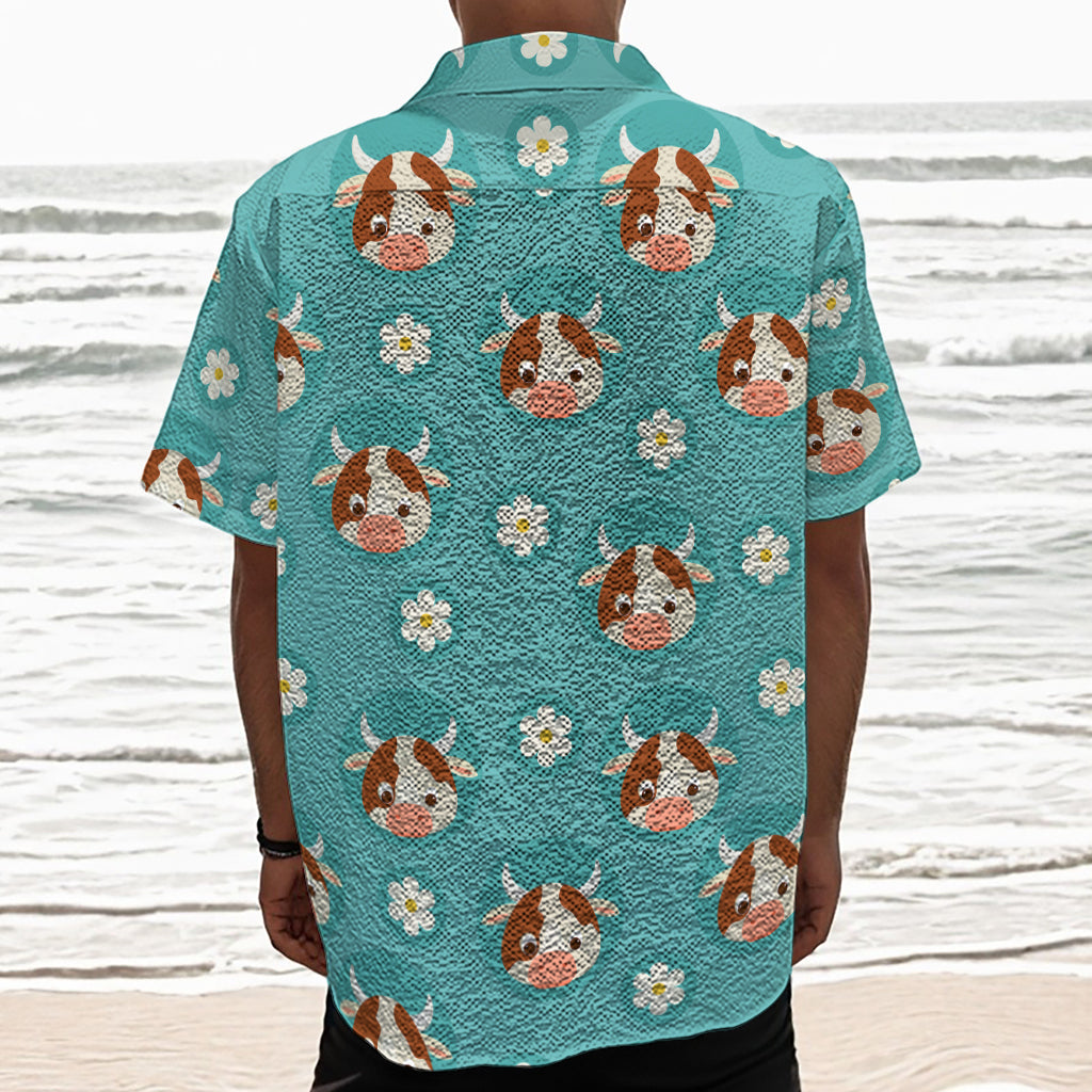 Cute Cow And Daisy Flower Pattern Print Textured Short Sleeve Shirt