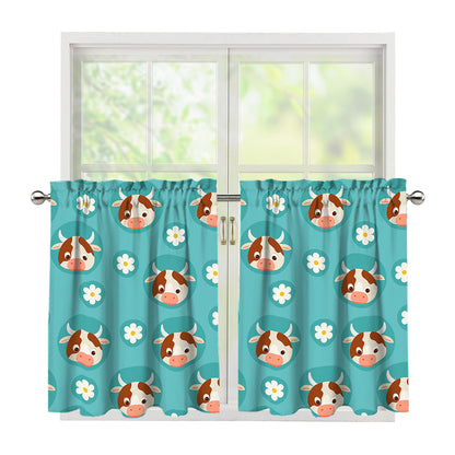 Cute Cow And Daisy Flower Pattern Print Tier Curtains