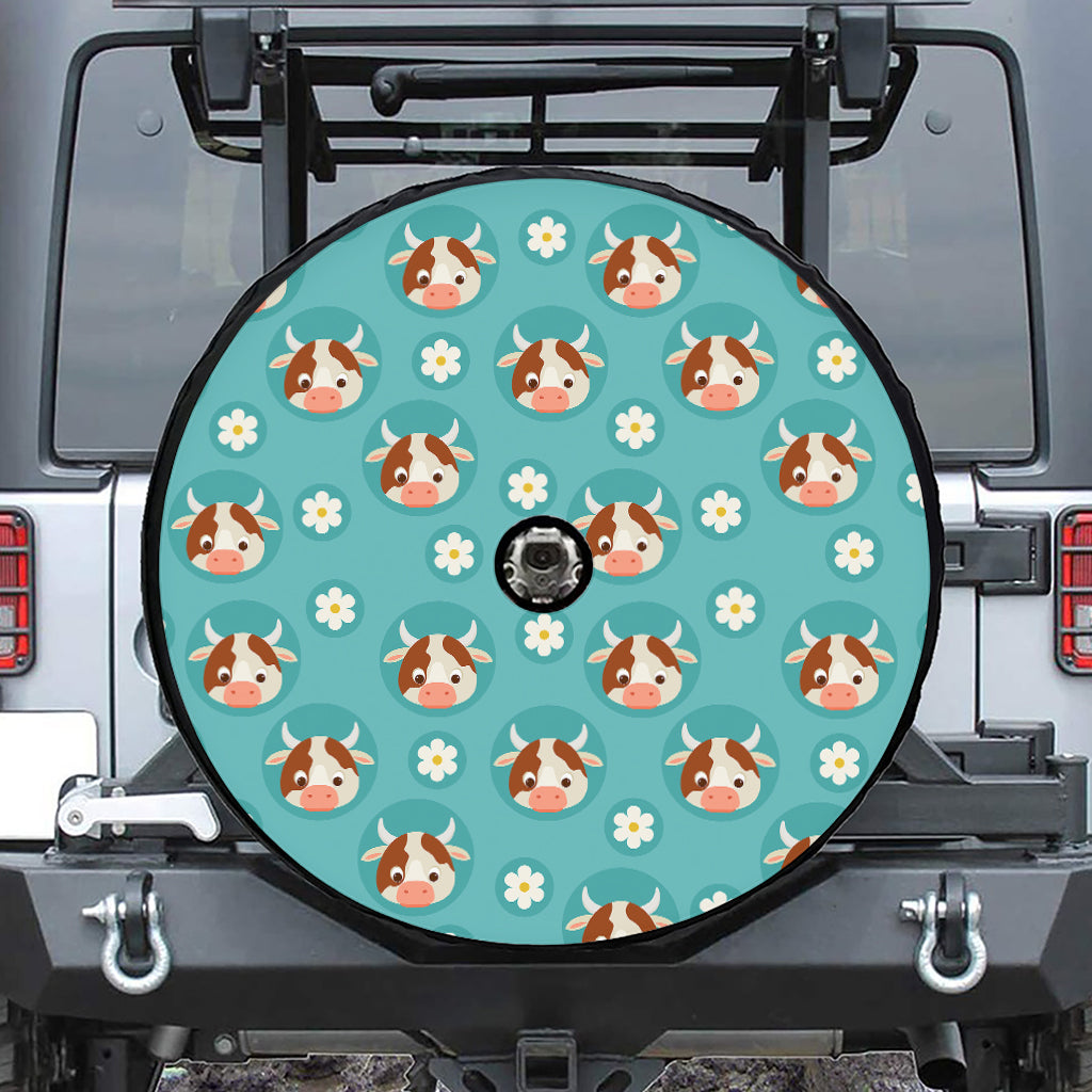 Cute Cow And Daisy Flower Pattern Print Tire Cover With Camera Hole