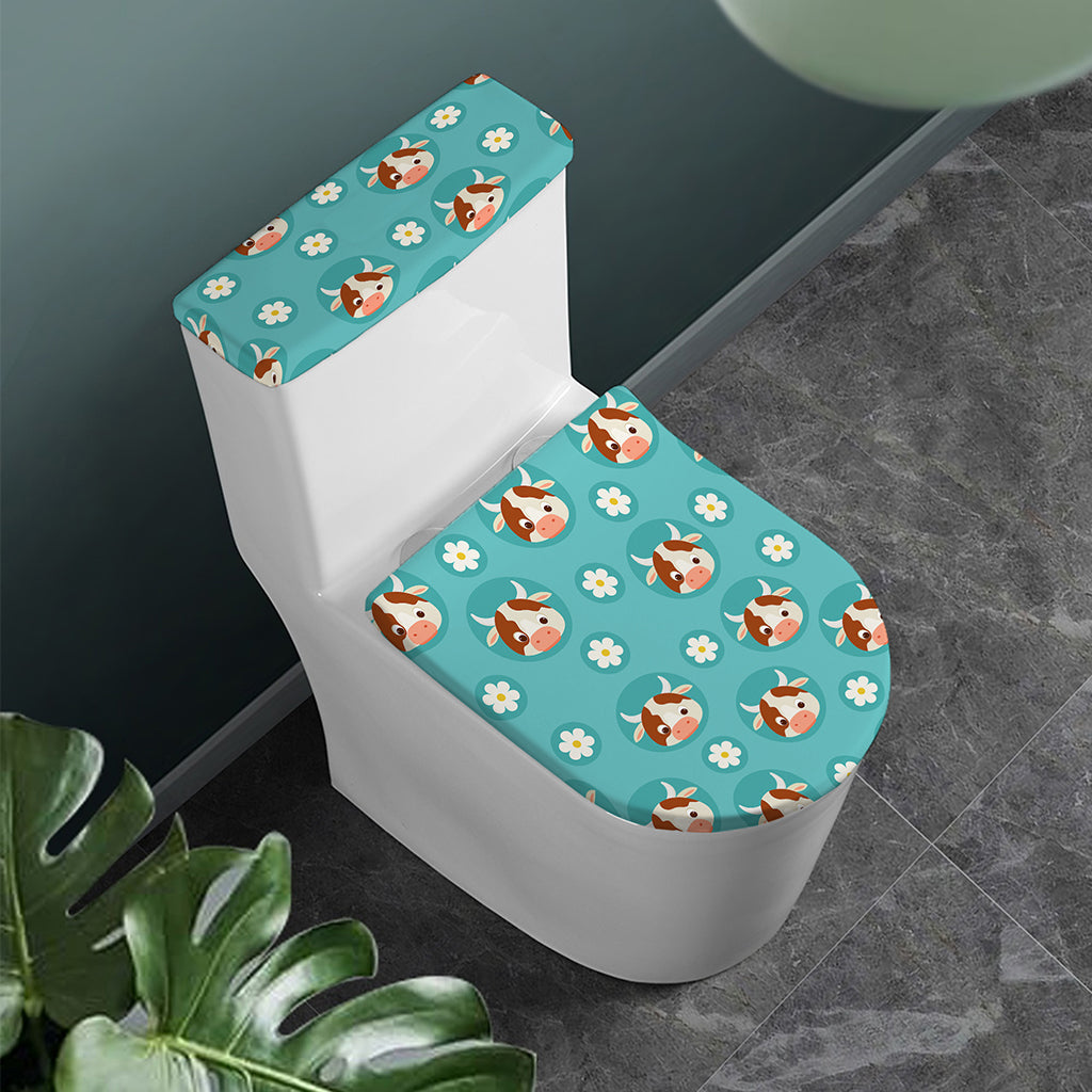 Cute Cow And Daisy Flower Pattern Print Toilet Lid And Tank Cover Set