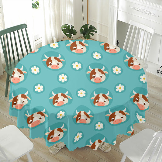 Cute Cow And Daisy Flower Pattern Print Waterproof Round Tablecloth