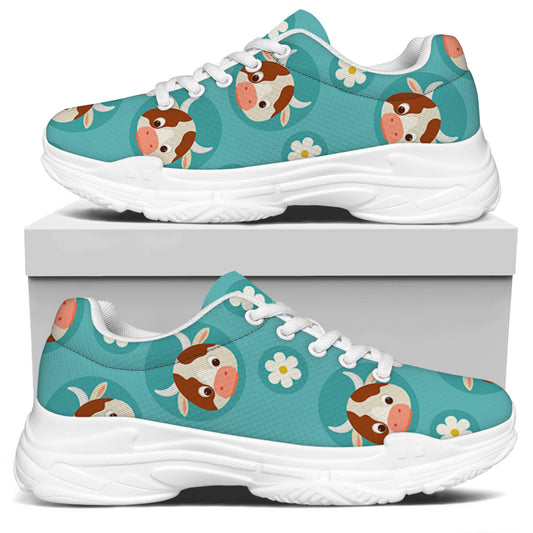 Cute Cow And Daisy Flower Pattern Print White Chunky Shoes