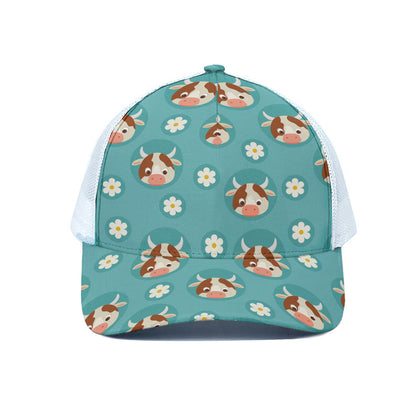 Cute Cow And Daisy Flower Pattern Print White Mesh Trucker Cap