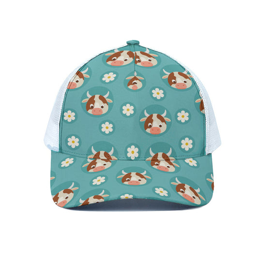 Cute Cow And Daisy Flower Pattern Print White Mesh Trucker Cap