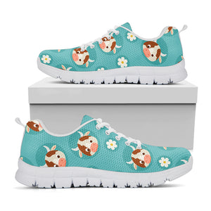 Cute Cow And Daisy Flower Pattern Print White Running Shoes