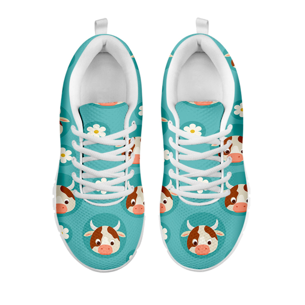 Cute Cow And Daisy Flower Pattern Print White Running Shoes