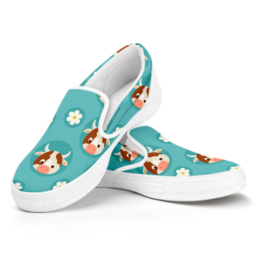 Cute Cow And Daisy Flower Pattern Print White Slip On Sneakers