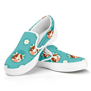 Cute Cow And Daisy Flower Pattern Print White Slip On Sneakers