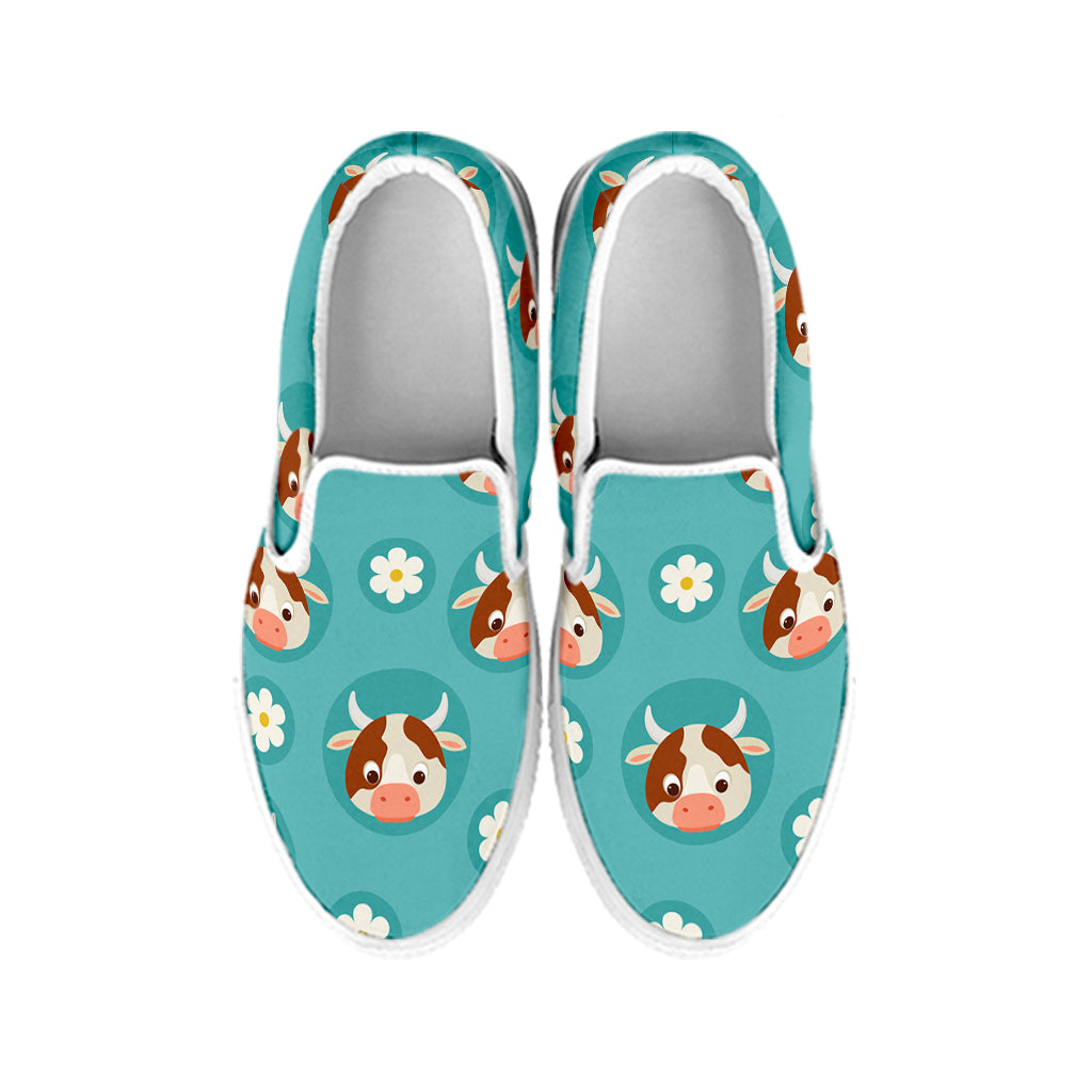 Cute Cow And Daisy Flower Pattern Print White Slip On Sneakers