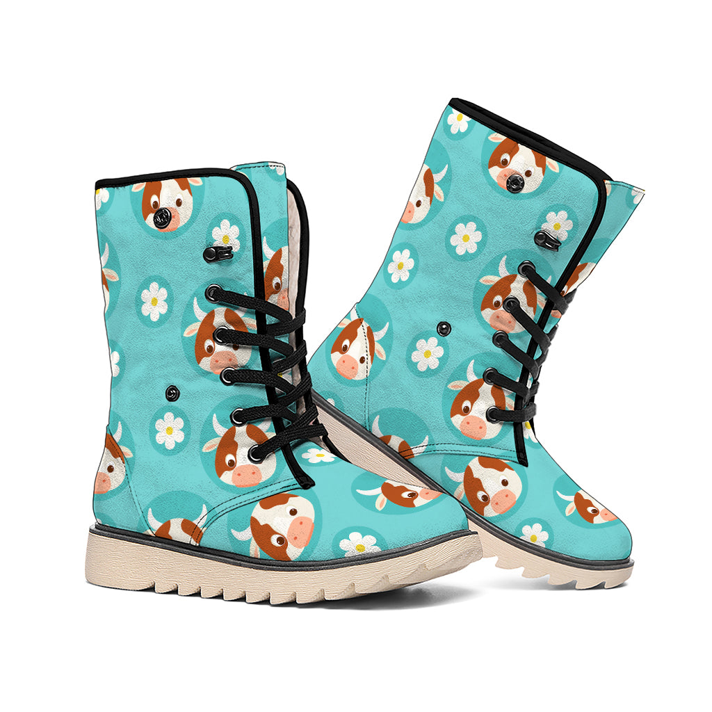 Cute Cow And Daisy Flower Pattern Print Winter Boots