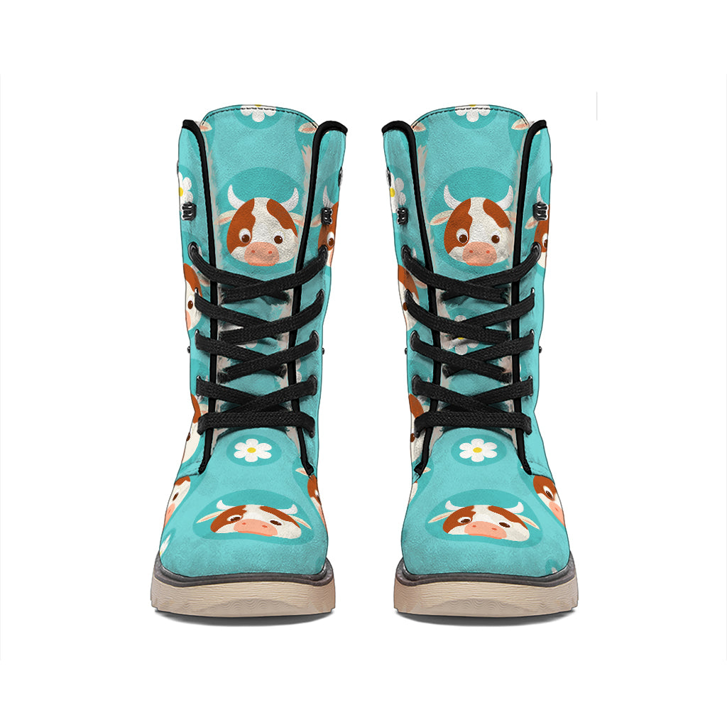 Cute Cow And Daisy Flower Pattern Print Winter Boots