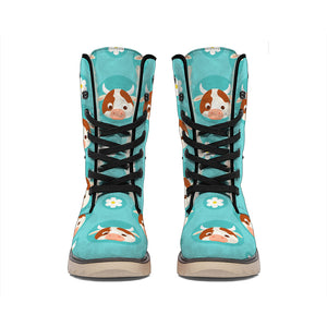 Cute Cow And Daisy Flower Pattern Print Winter Boots