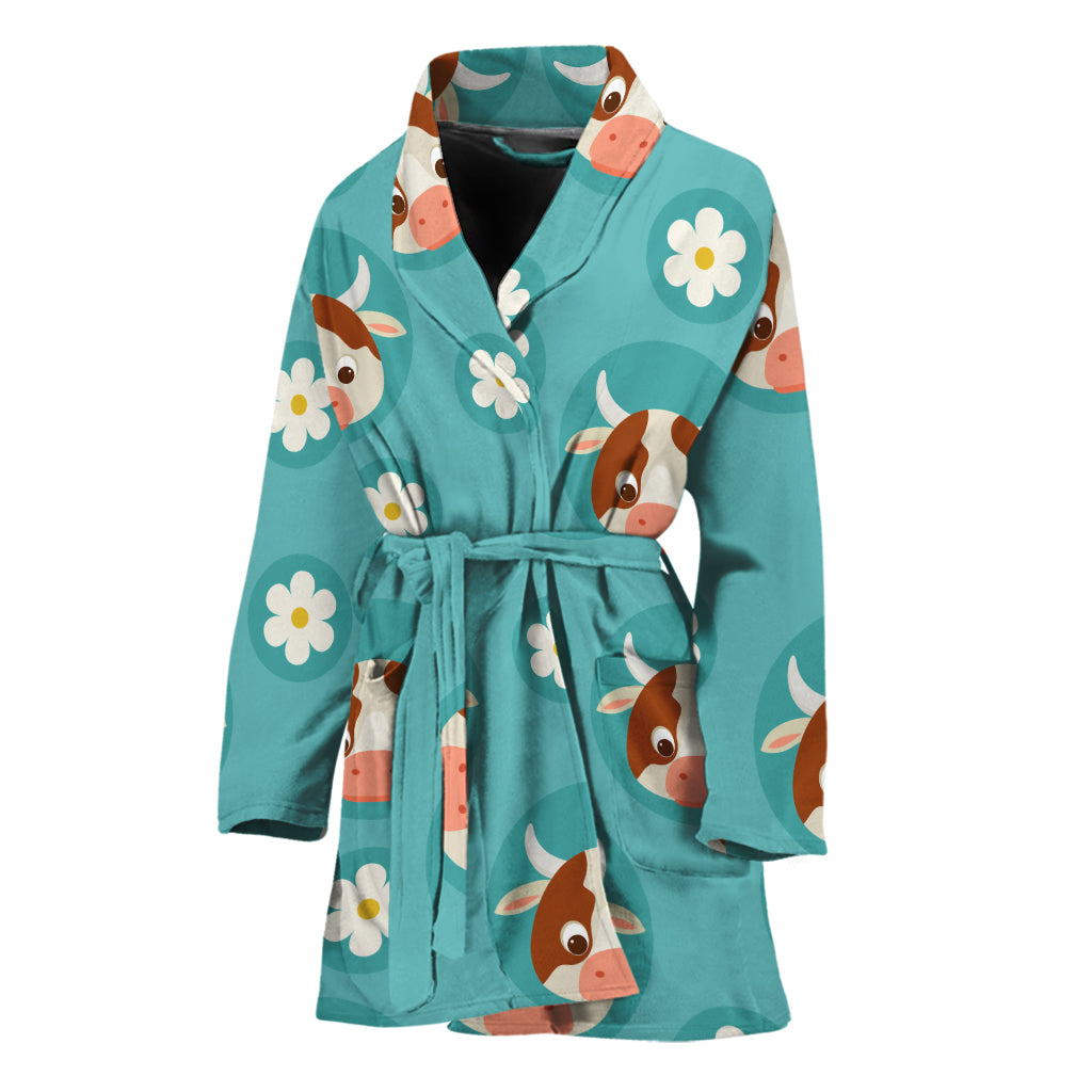 Cute Cow And Daisy Flower Pattern Print Women's Bathrobe