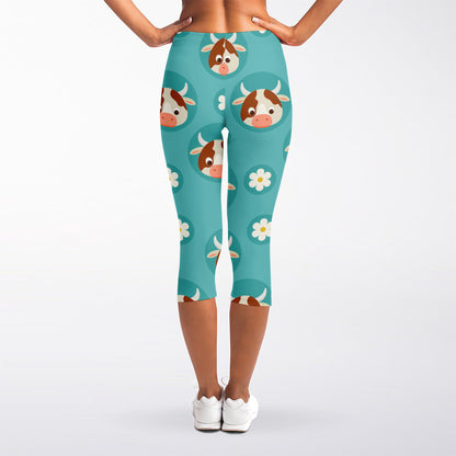 Cute Cow And Daisy Flower Pattern Print Women's Capri Leggings