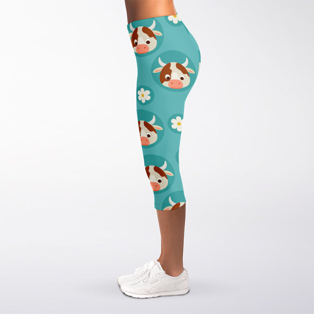 Cute Cow And Daisy Flower Pattern Print Women's Capri Leggings