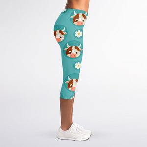 Cute Cow And Daisy Flower Pattern Print Women's Capri Leggings