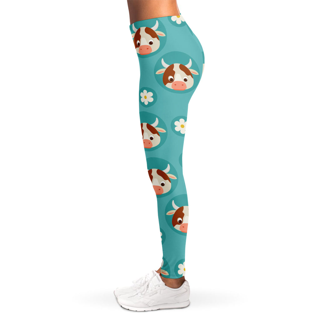 Cute Cow And Daisy Flower Pattern Print Women's Leggings