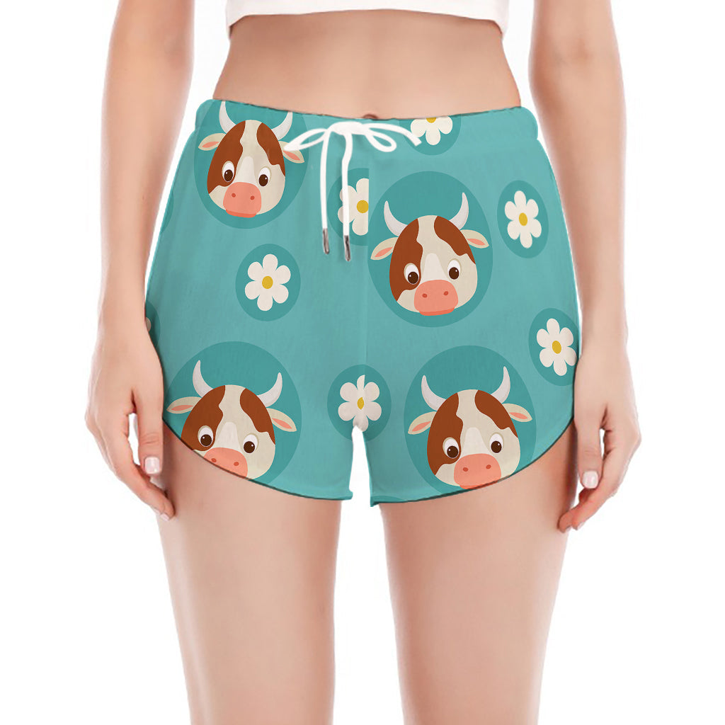 Cute Cow And Daisy Flower Pattern Print Women's Split Running Shorts