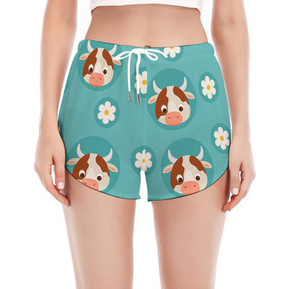 Cute Cow And Daisy Flower Pattern Print Women's Split Running Shorts