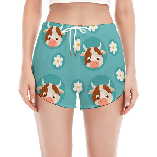 Cute Cow And Daisy Flower Pattern Print Women's Split Running Shorts