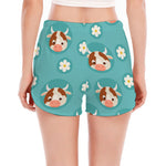 Cute Cow And Daisy Flower Pattern Print Women's Split Running Shorts